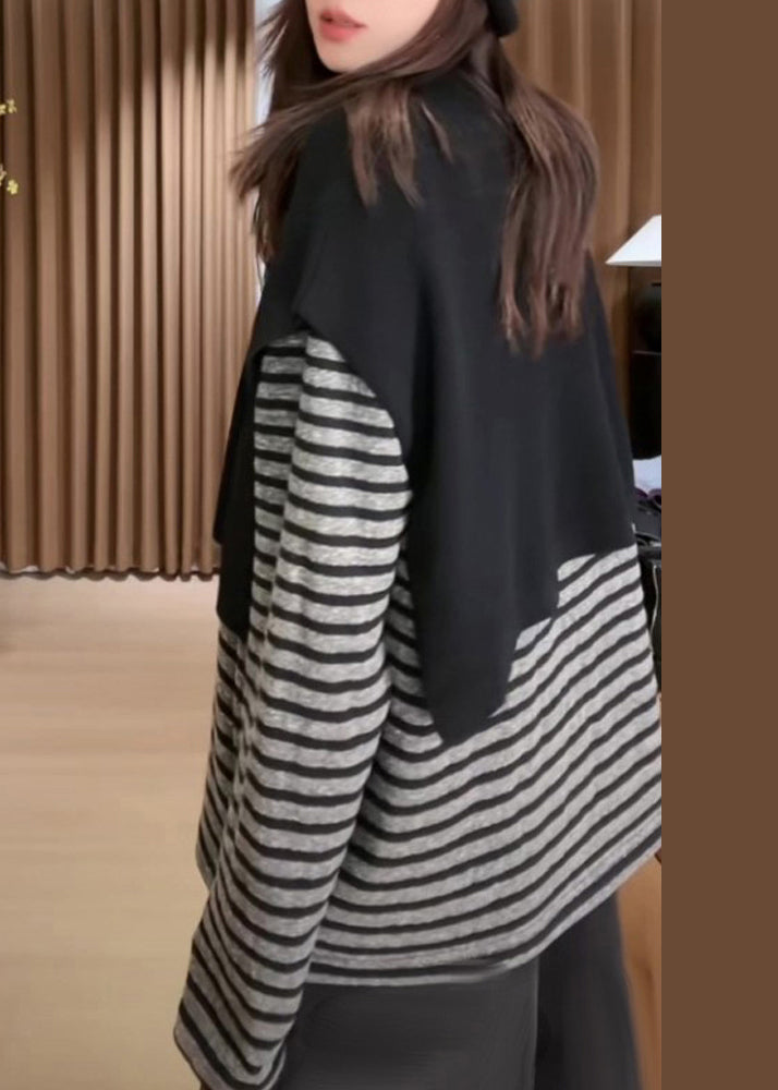 Casual Black O Neck Knit Cape And Striped T hirt Cotton Two Pieces Set Fall