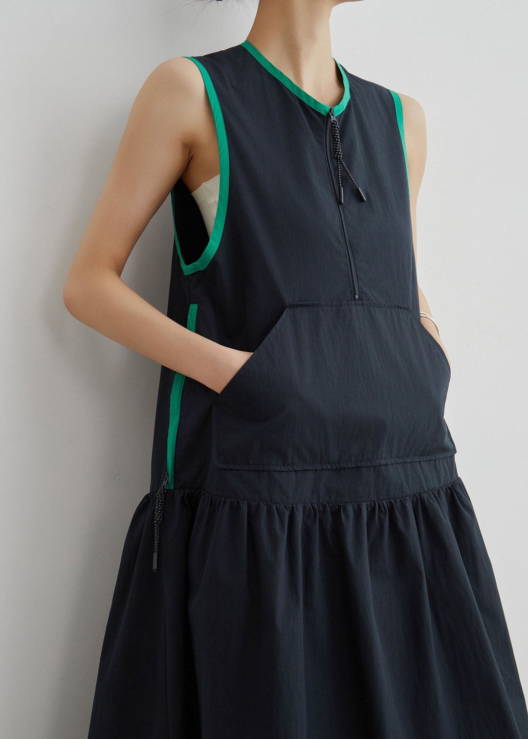 Casual Black O Neck Patchwork Cotton Dress Sleeveless