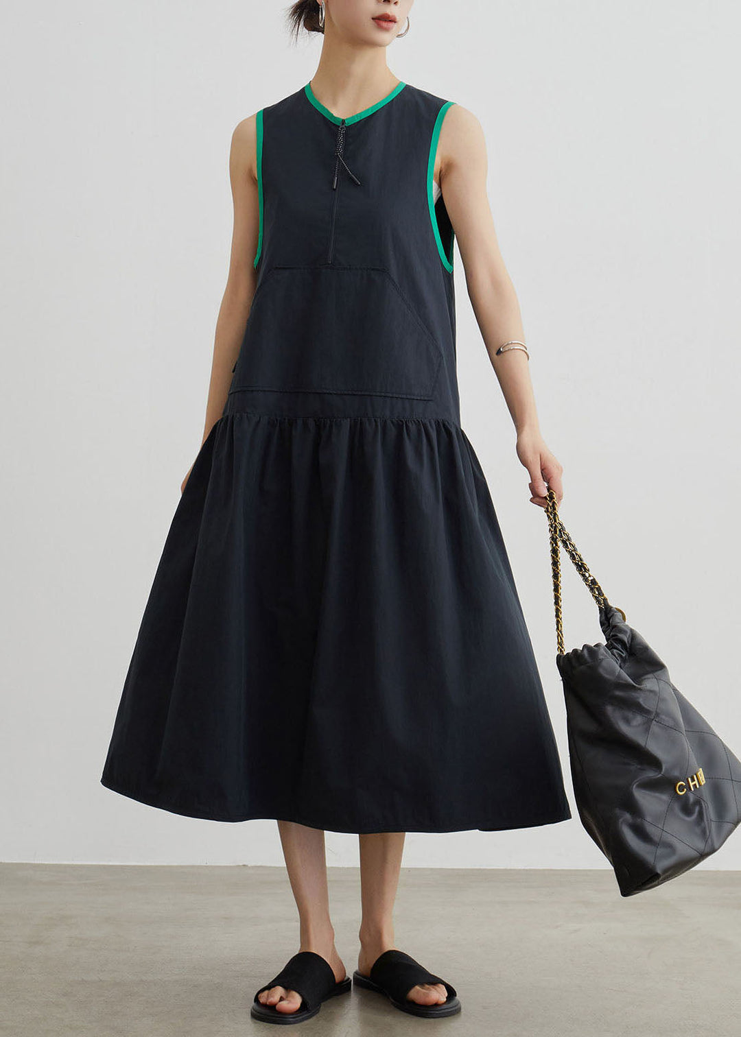 Casual Black O Neck Patchwork Cotton Dress Sleeveless