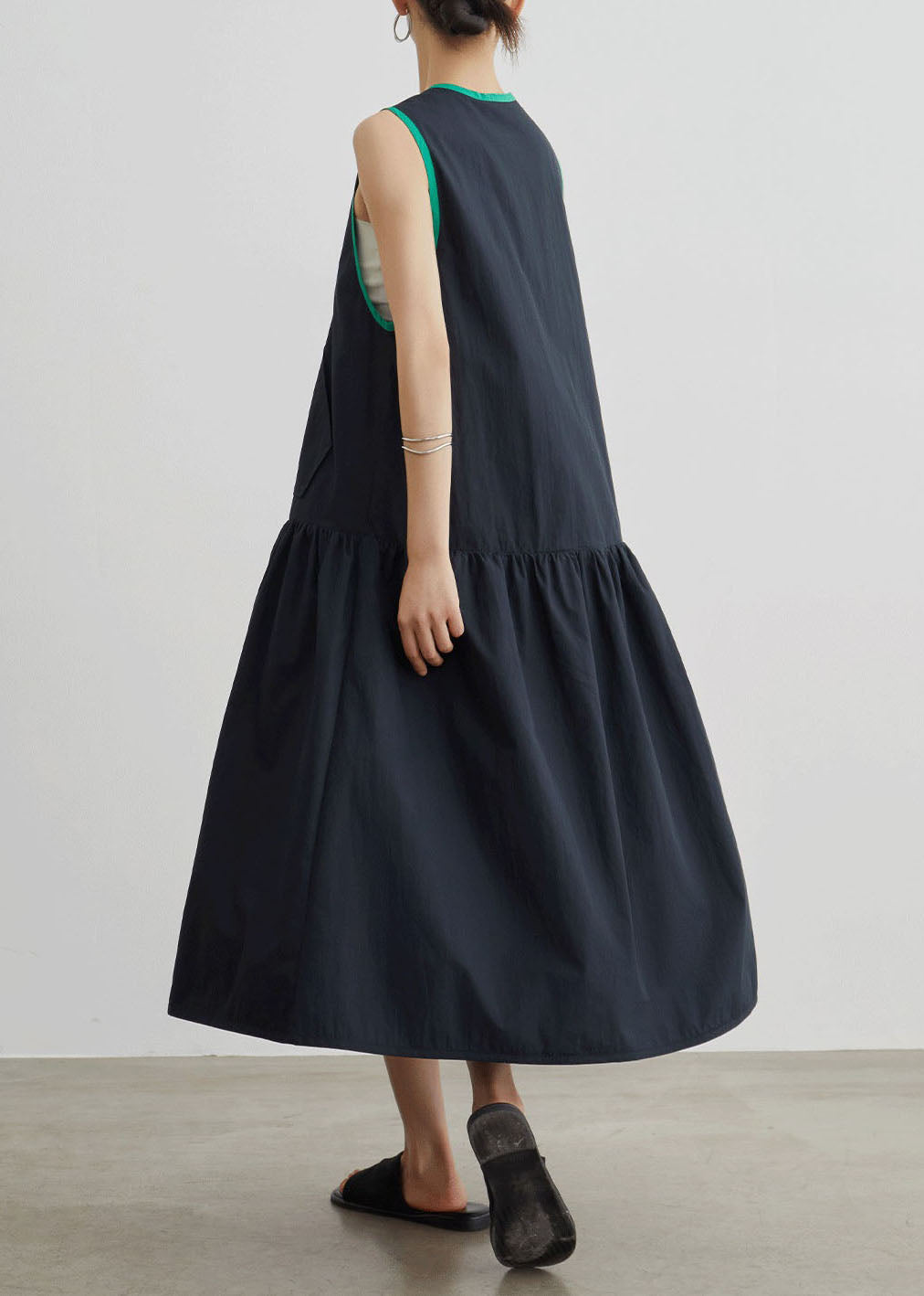 Casual Black O Neck Patchwork Cotton Dress Sleeveless