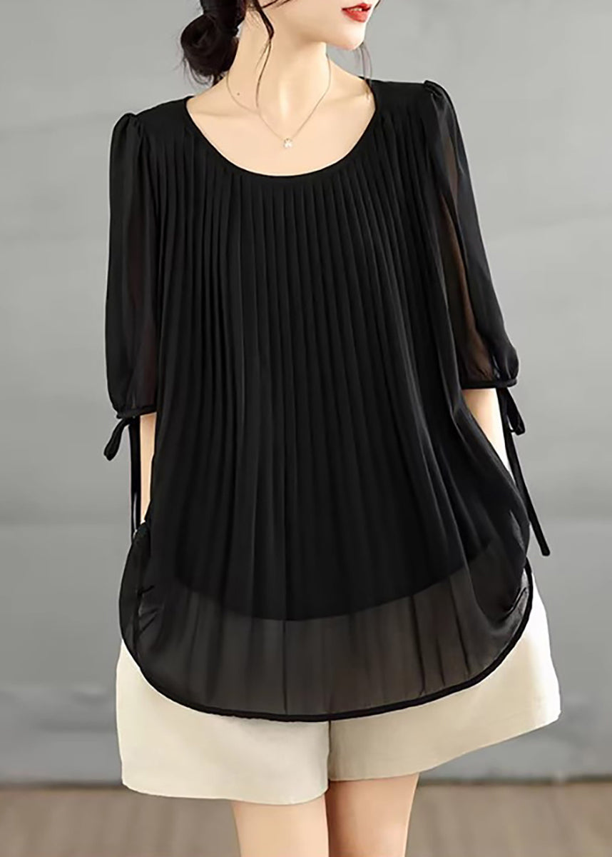 Casual Black O-Neck Pleated Shirts Summer