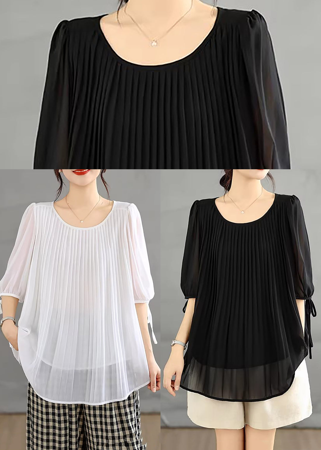 Casual Black O-Neck Pleated Shirts Summer