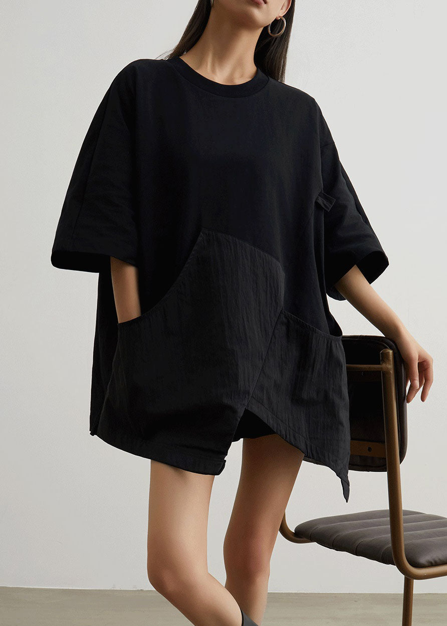 Casual Black O Neck Pockets Patchwork Cotton T Shirt Summer