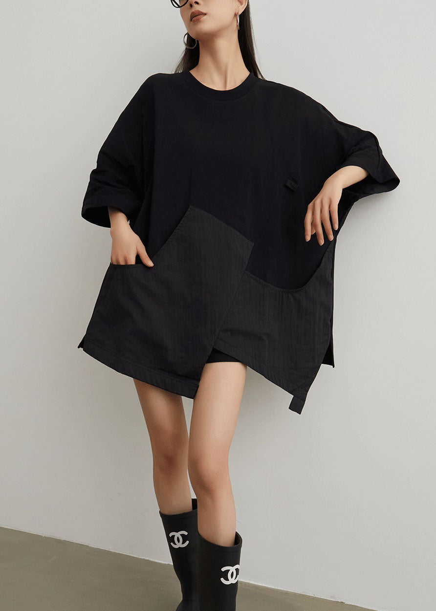 Casual Black O Neck Pockets Patchwork Cotton T Shirt Summer