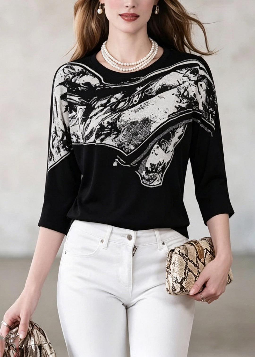Casual Black O-Neck Print Knit Tops Three Quarter Sleeve