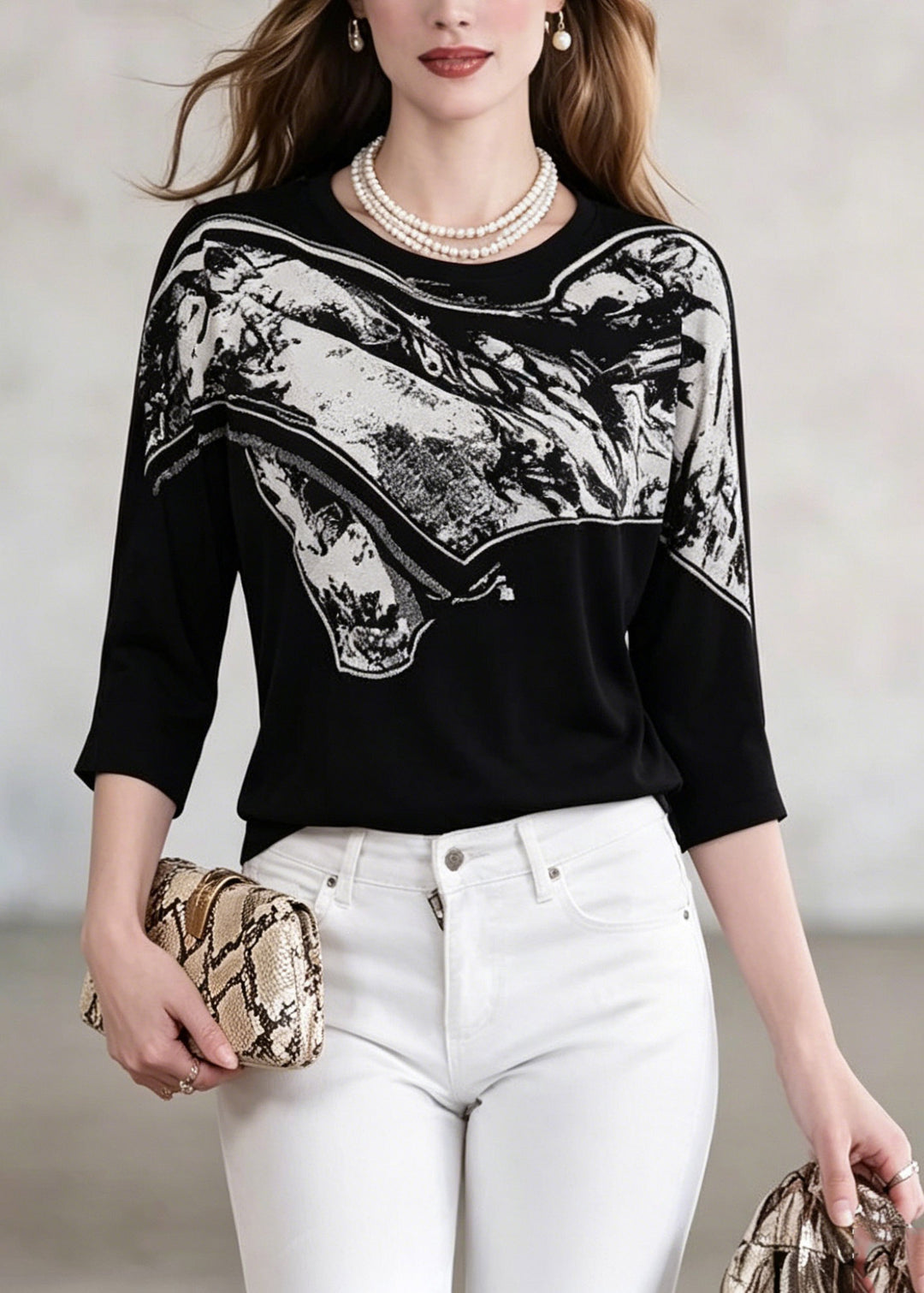 Casual Black O-Neck Print Knit Tops Three Quarter Sleeve