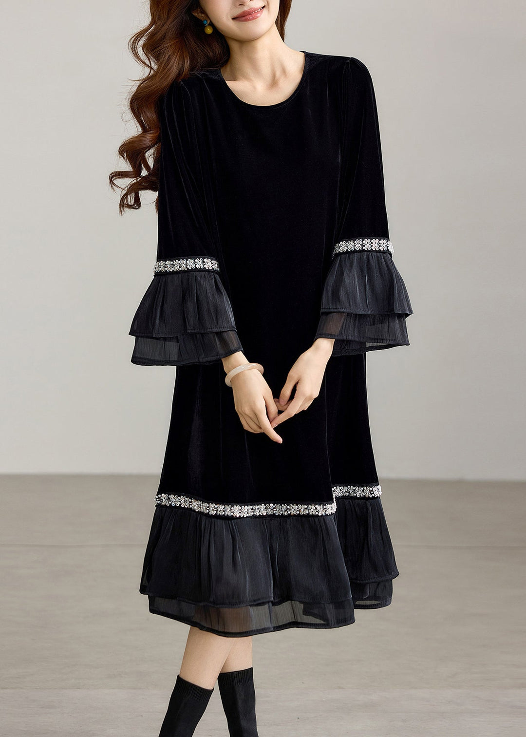 Casual Black O-Neck Sequins Ruffled Patchwork Velvet Vacation Dresses Fall