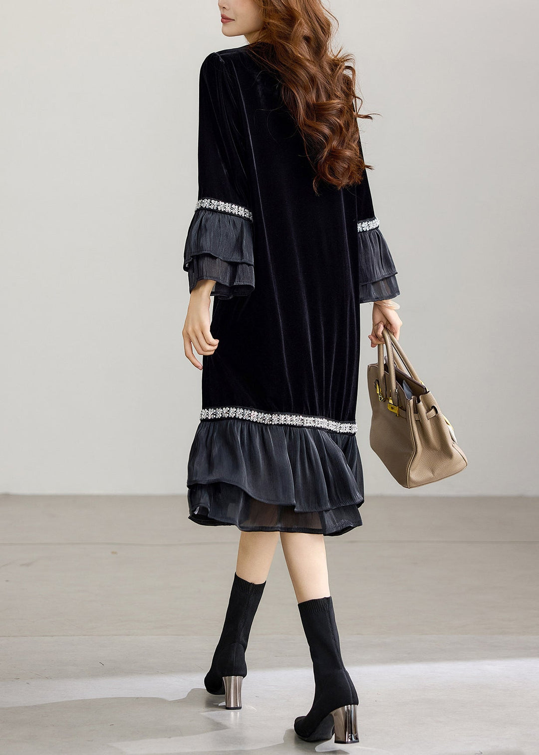 Casual Black O-Neck Sequins Ruffled Patchwork Velvet Vacation Dresses Fall