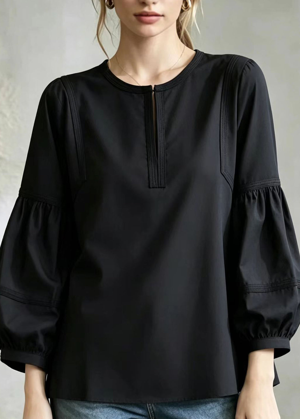 Casual Black O-Neck Shirt Top Lantern Sleeve