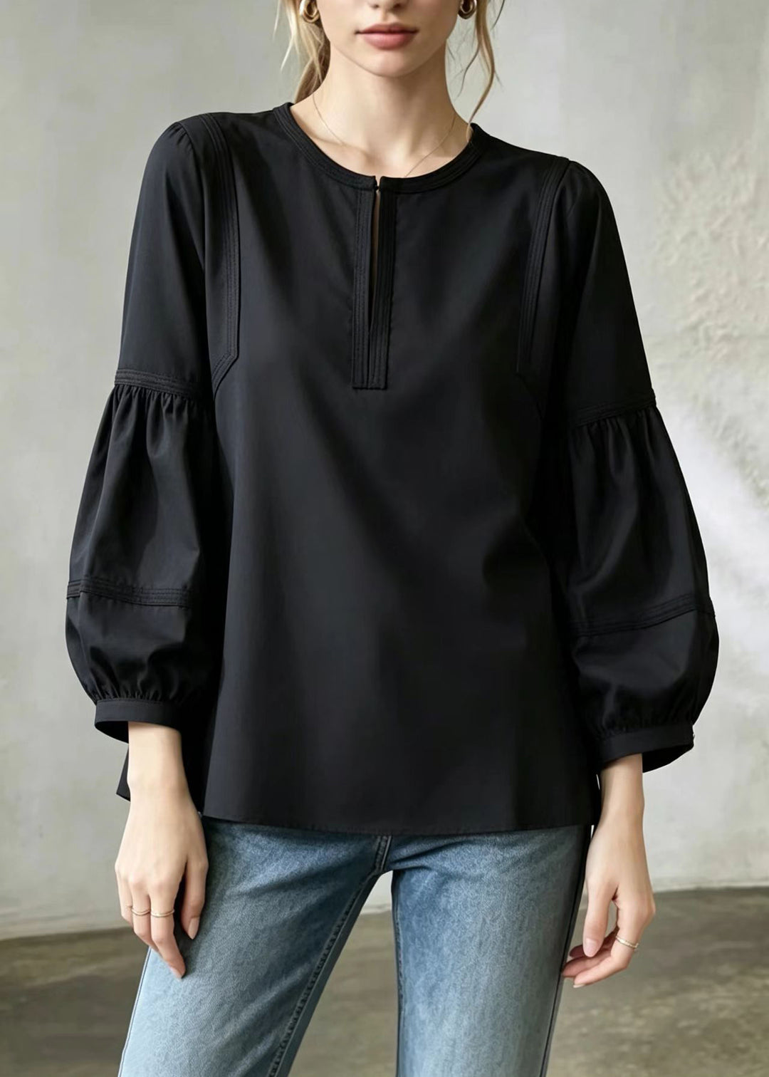 Casual Black O-Neck Shirt Top Lantern Sleeve