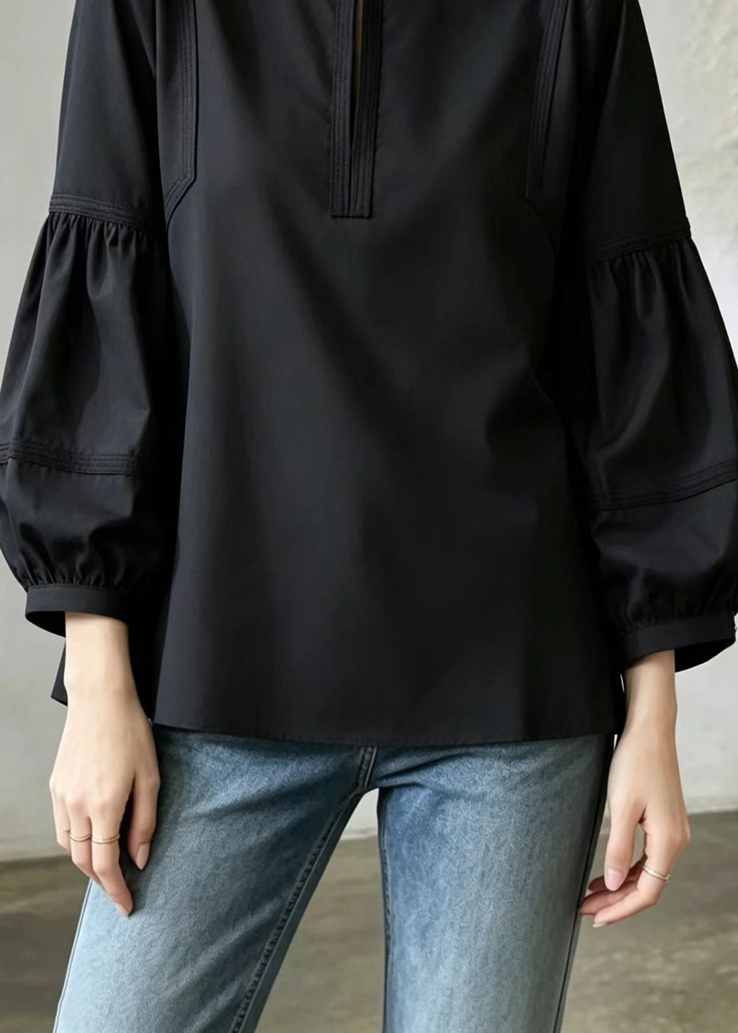 Casual Black O-Neck Shirt Top Lantern Sleeve