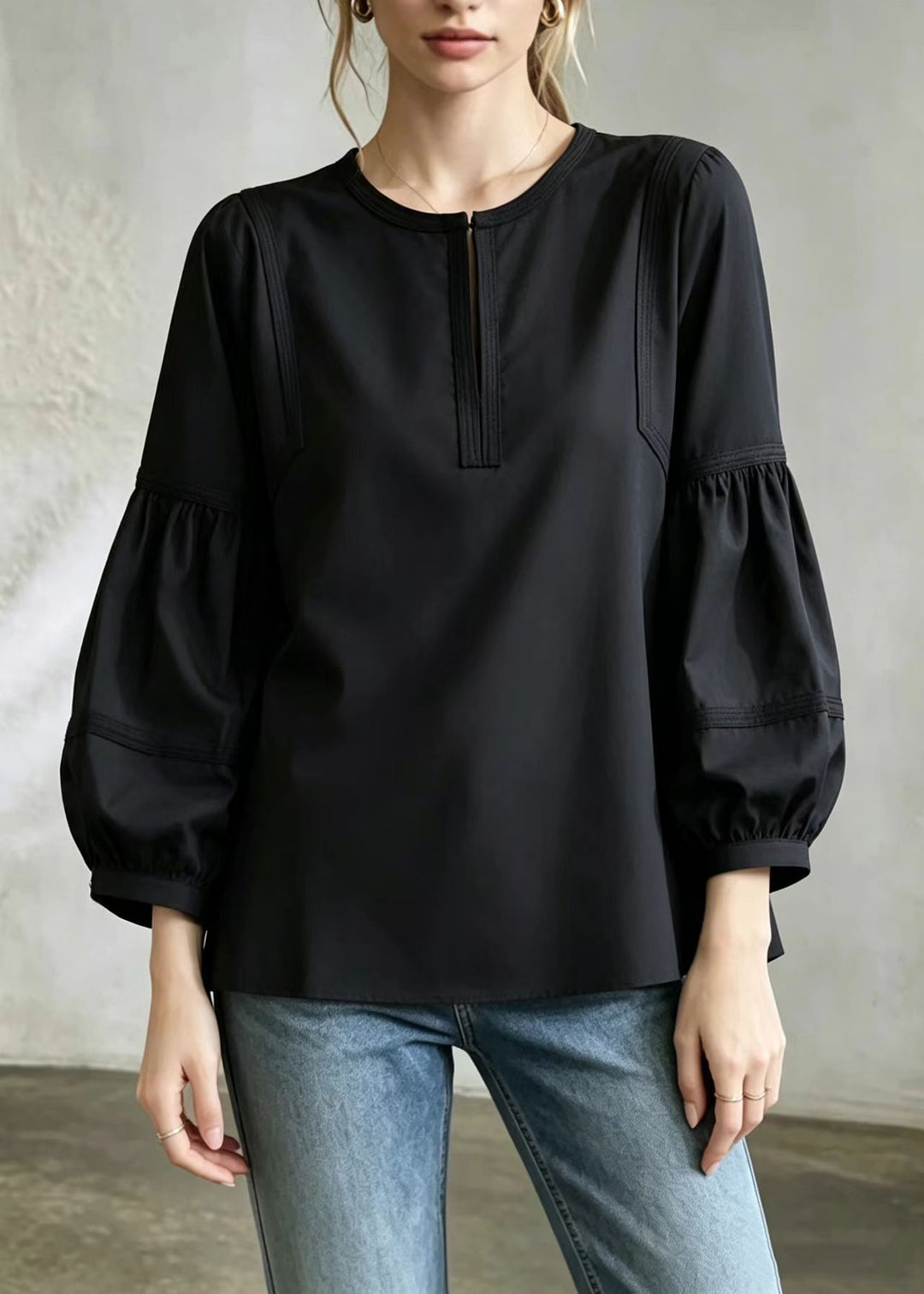 Casual Black O-Neck Shirt Top Lantern Sleeve