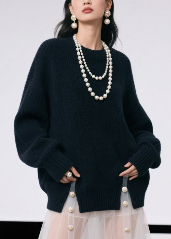 Casual Black O Neck Side Open Knit Pullover Fall