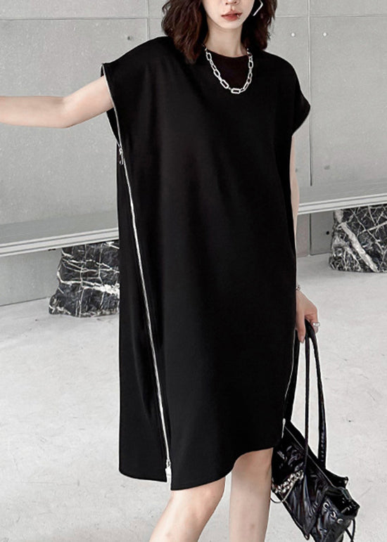 Casual Black O-Neck Zip Up Patchwork Cotton Dresses Summer