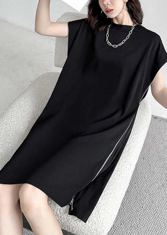 Casual Black O-Neck Zip Up Patchwork Cotton Dresses Summer