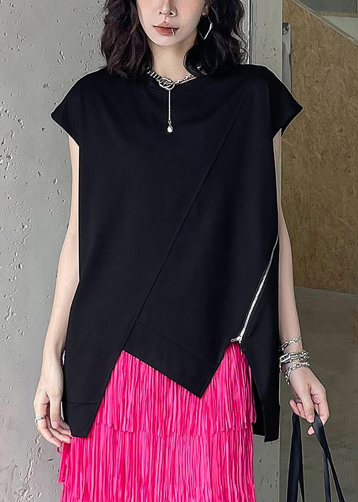 Casual Black O-Neck Zippered Top Summer