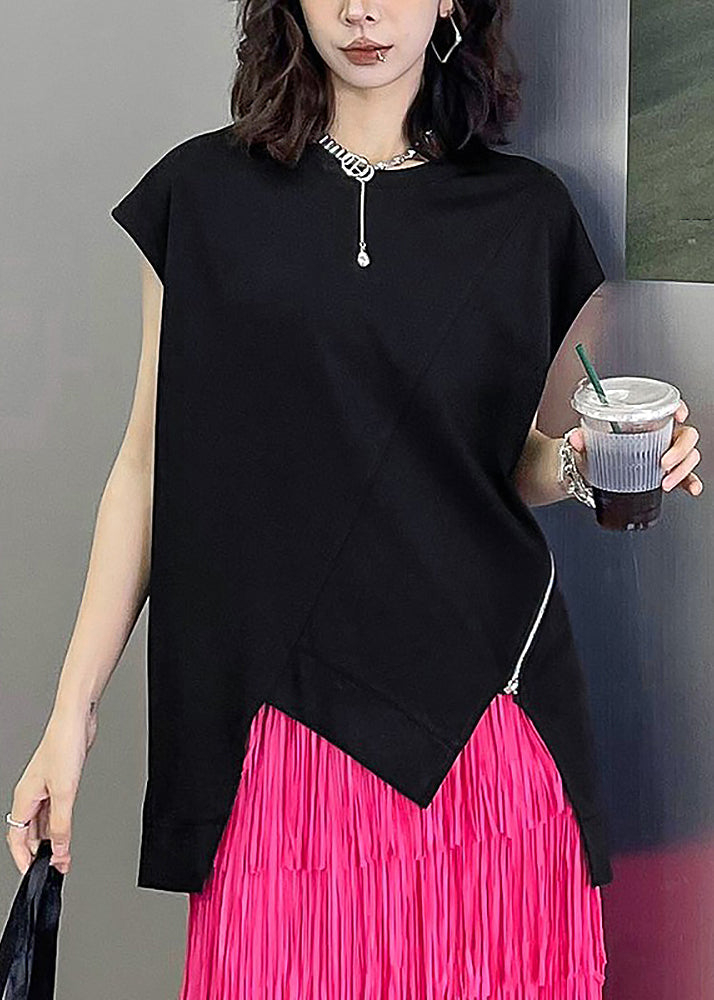 Casual Black O-Neck Zippered Top Summer