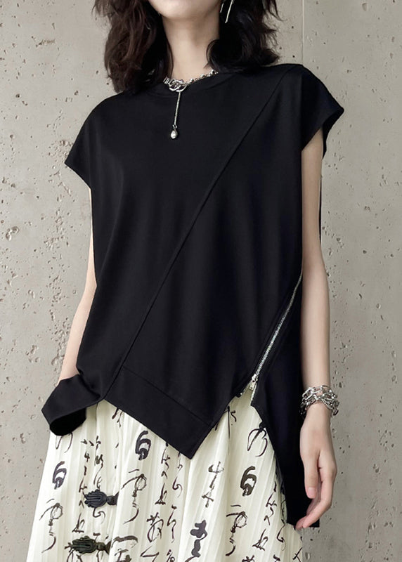 Casual Black O-Neck Zippered Top Summer