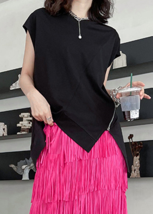 Casual Black O-Neck Zippered Top Summer