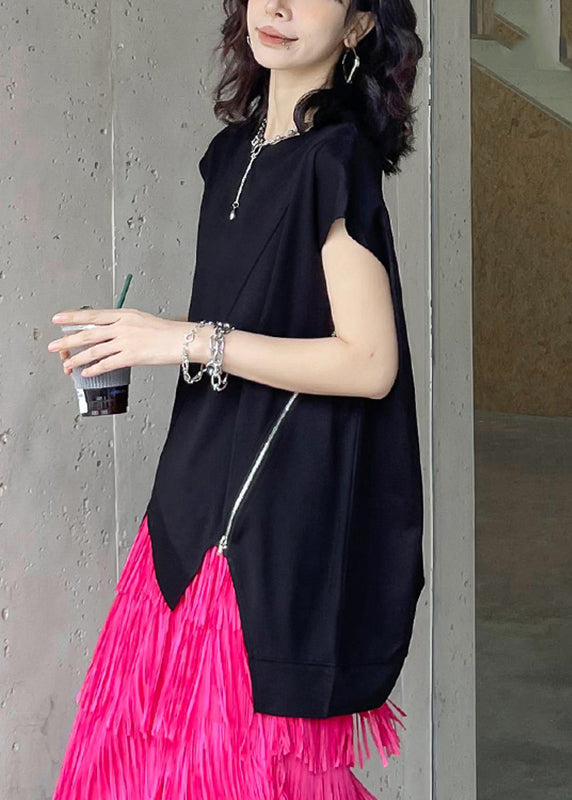 Casual Black O-Neck Zippered Top Summer