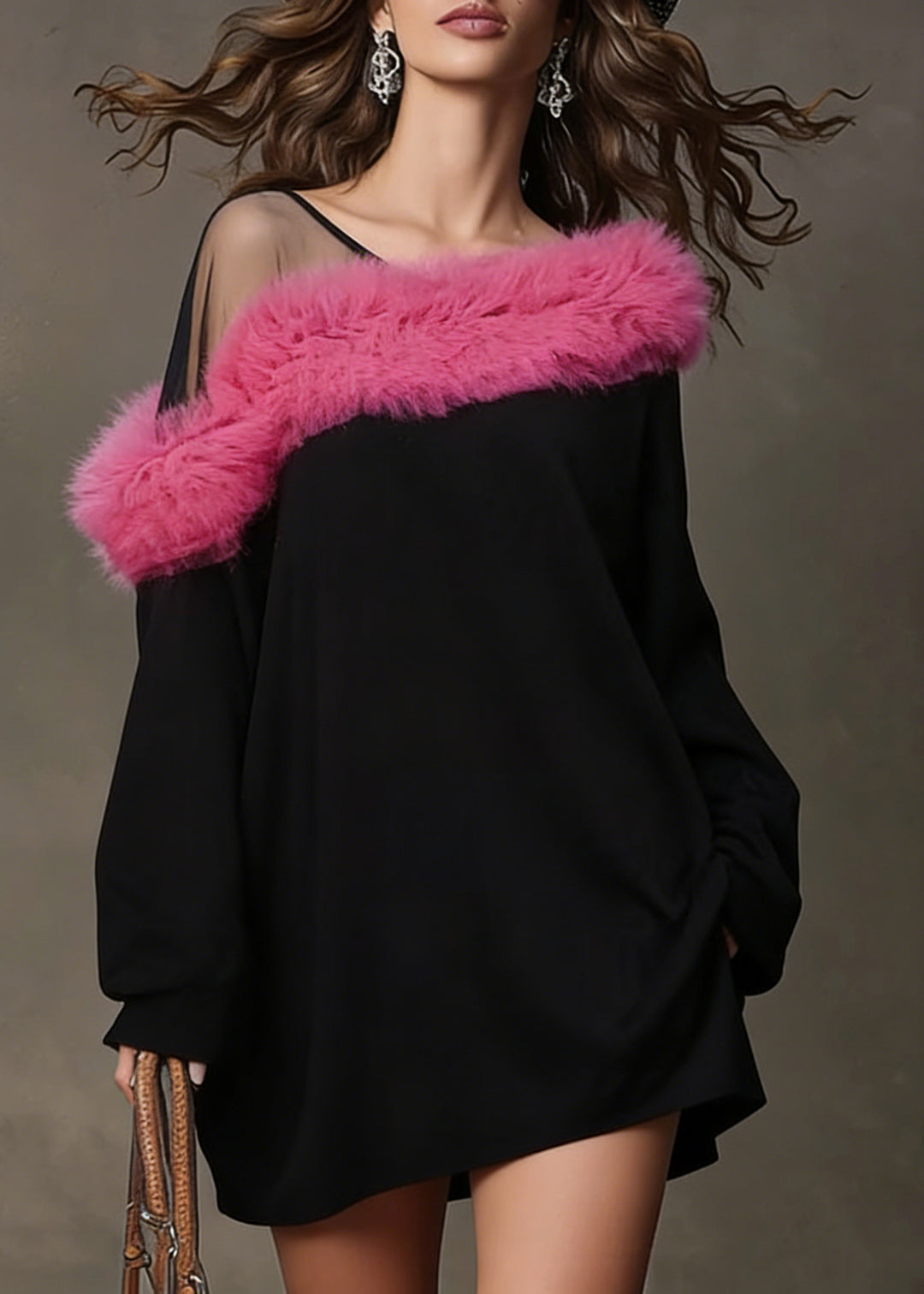 Casual Black One Shoulder Patchwork Faux Fur Mini Dresses Spring