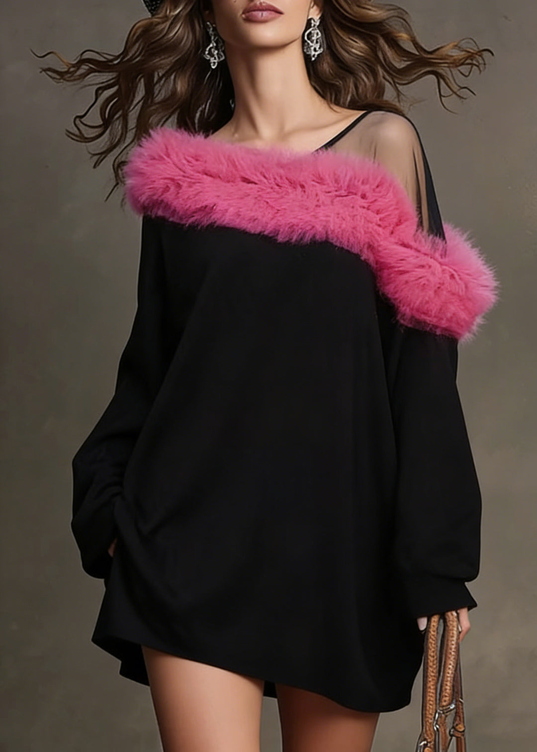 Casual Black One Shoulder Patchwork Faux Fur Mini Dresses Spring