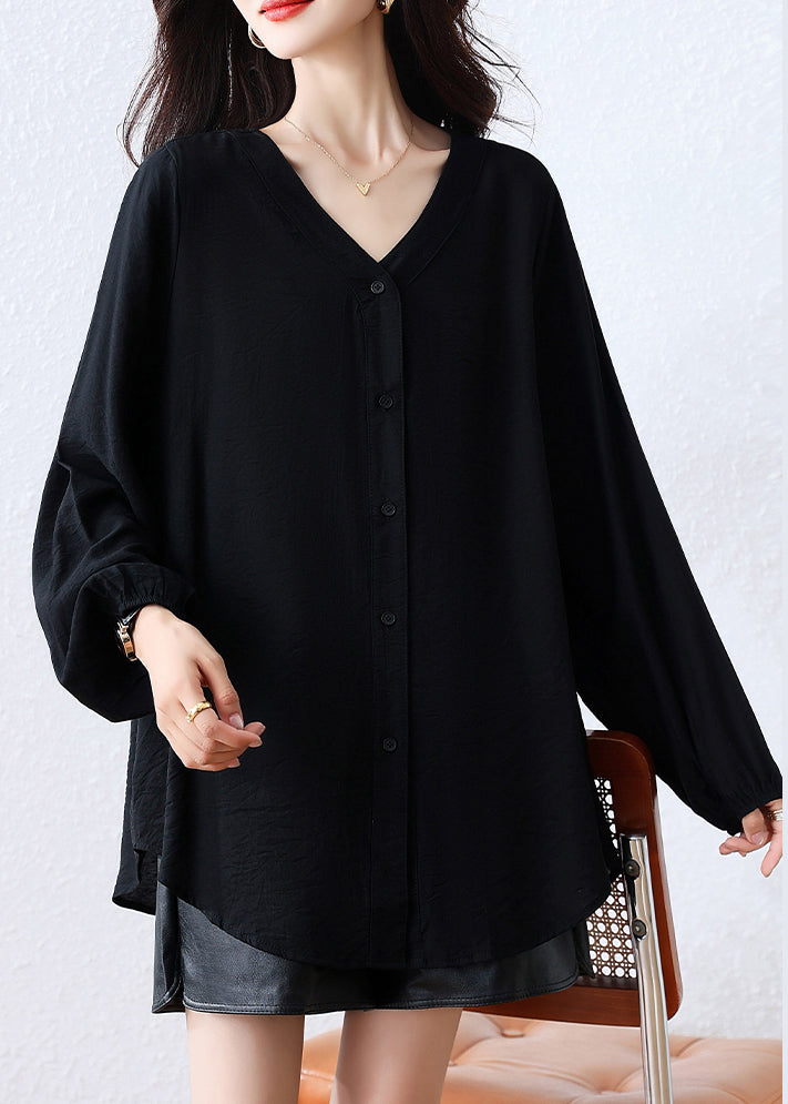 Casual Black Oversized Cotton Blouse Top Fall