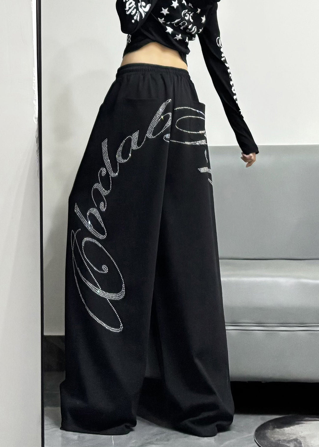 Casual Black Oversized Letter Zircon Cotton Wide Leg Pants Spring