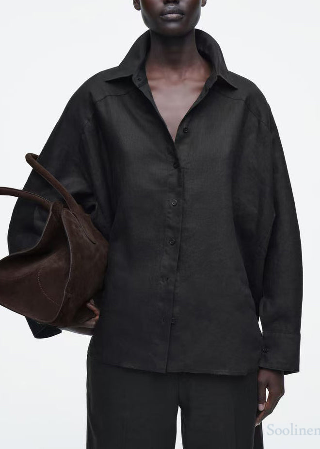 Casual Black Oversized Linen Shirts Fall