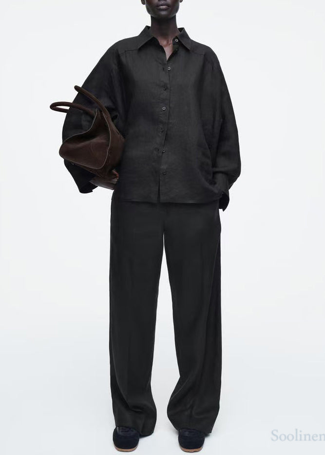 Casual Black Oversized Linen Shirts Fall
