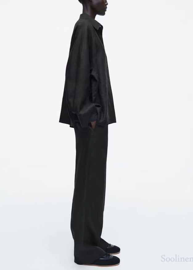 Casual Black Oversized Linen Shirts Fall