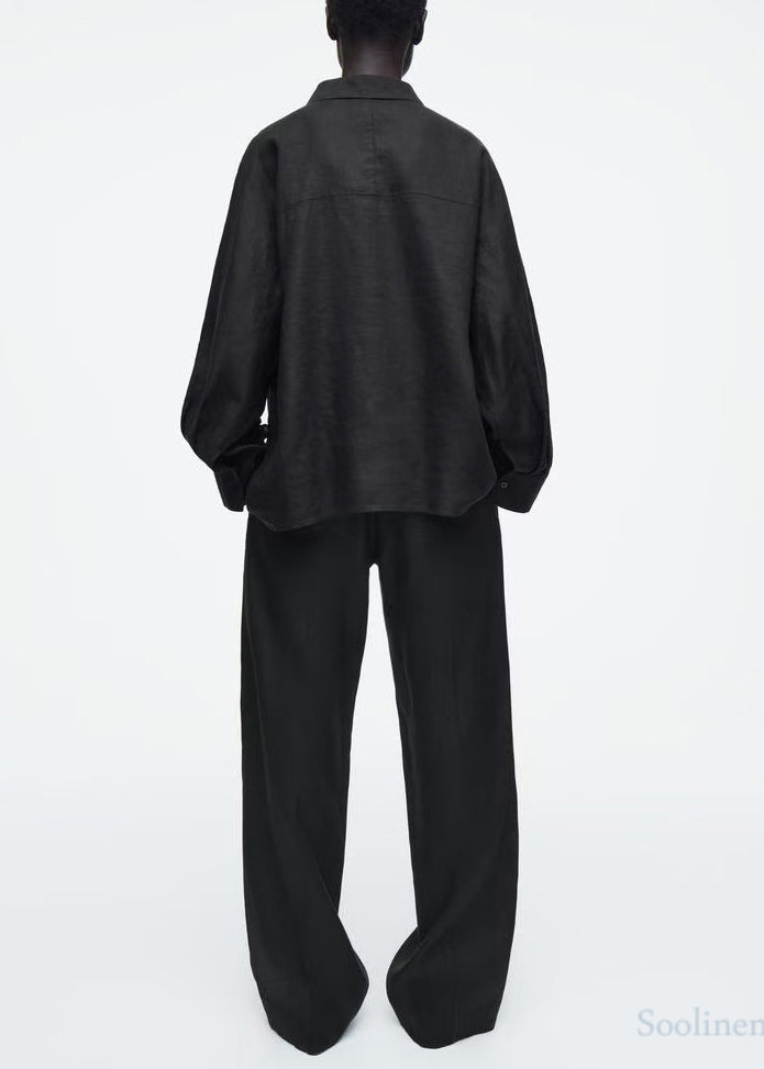 Casual Black Oversized Linen Shirts Fall