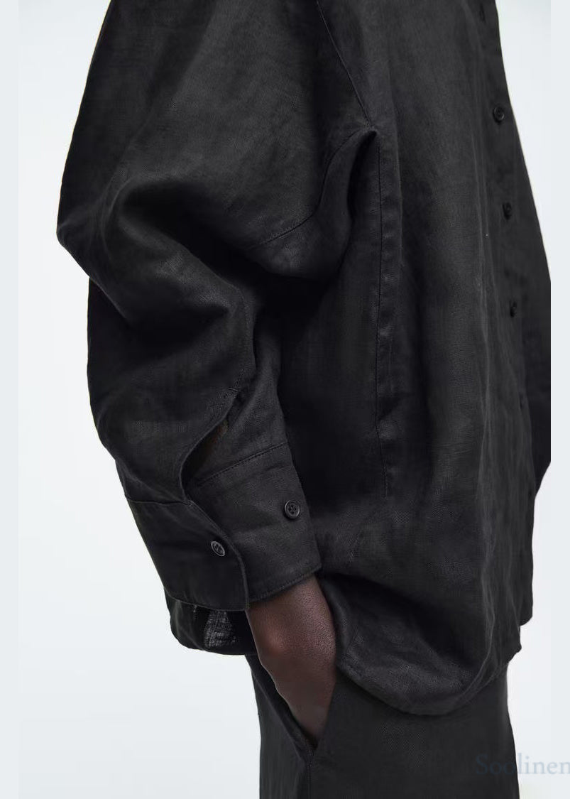 Casual Black Oversized Linen Shirts Fall