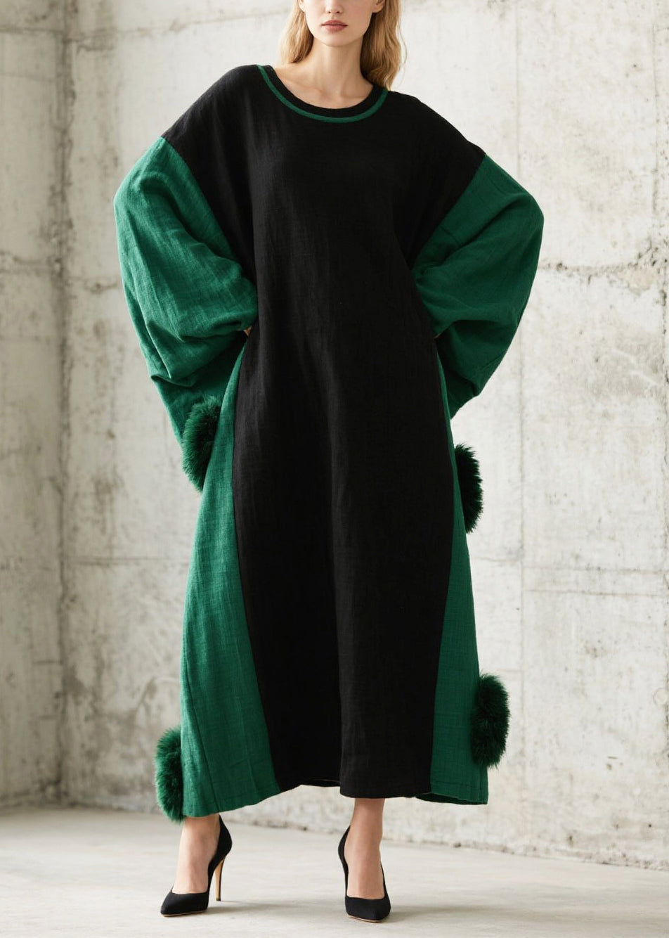 Casual Black Oversized Patchwork Fuzzy Ball Decorated Long Dress Batwing Sleeve