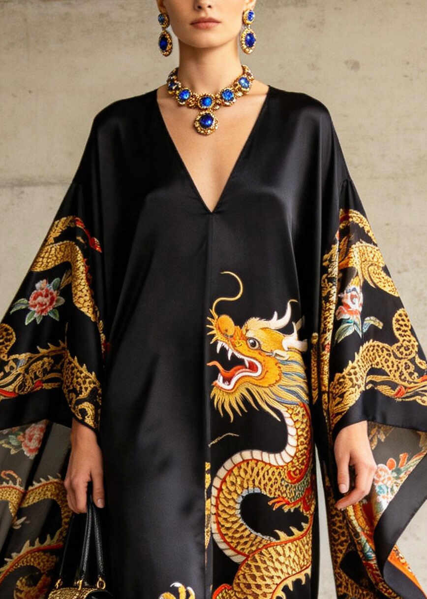 Casual Black Oversized Print Chiffon Dinner Dresses Batwing Sleeve
