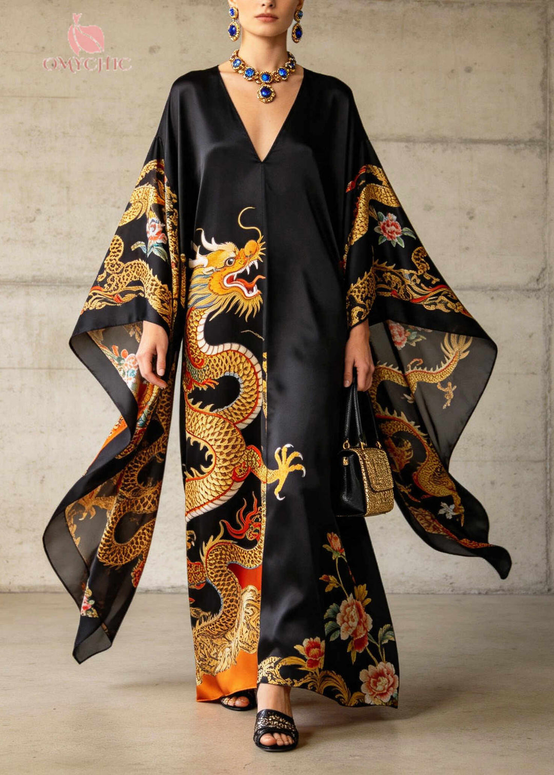 Casual Black Oversized Print Chiffon Dinner Dresses Batwing Sleeve