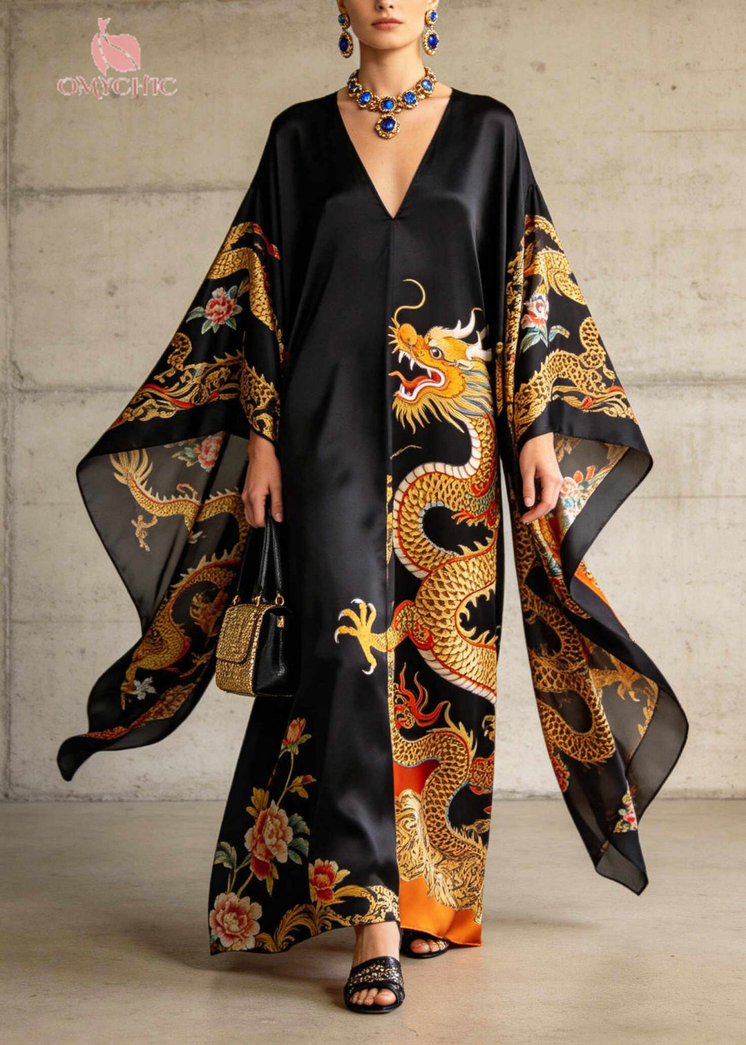 Casual Black Oversized Print Chiffon Dinner Dresses Batwing Sleeve