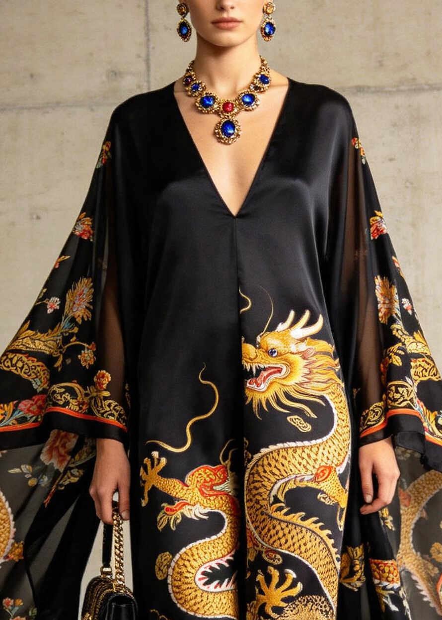 Casual Black Oversized Print Holiday Dress Batwing Sleeve