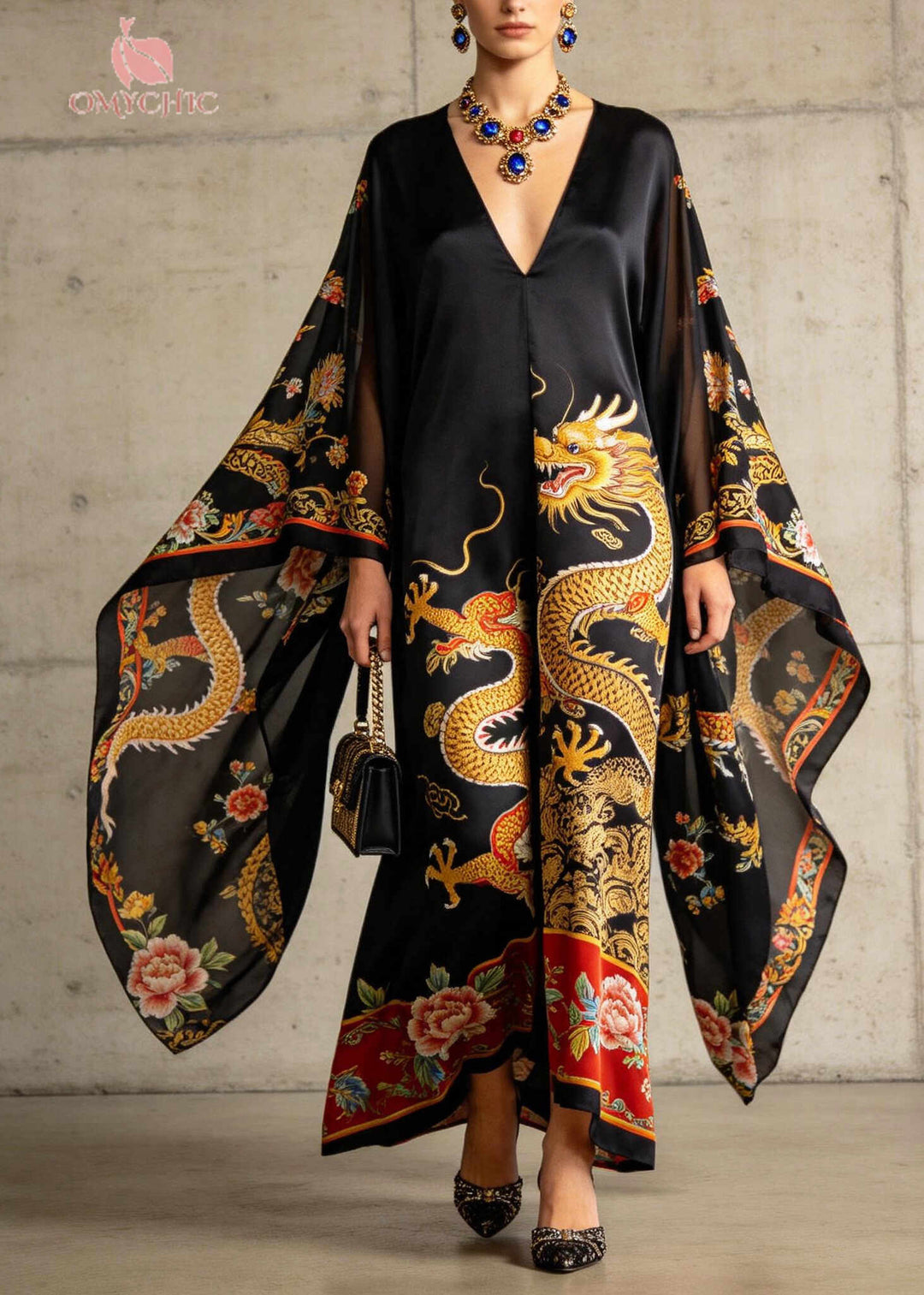 Casual Black Oversized Print Holiday Dress Batwing Sleeve