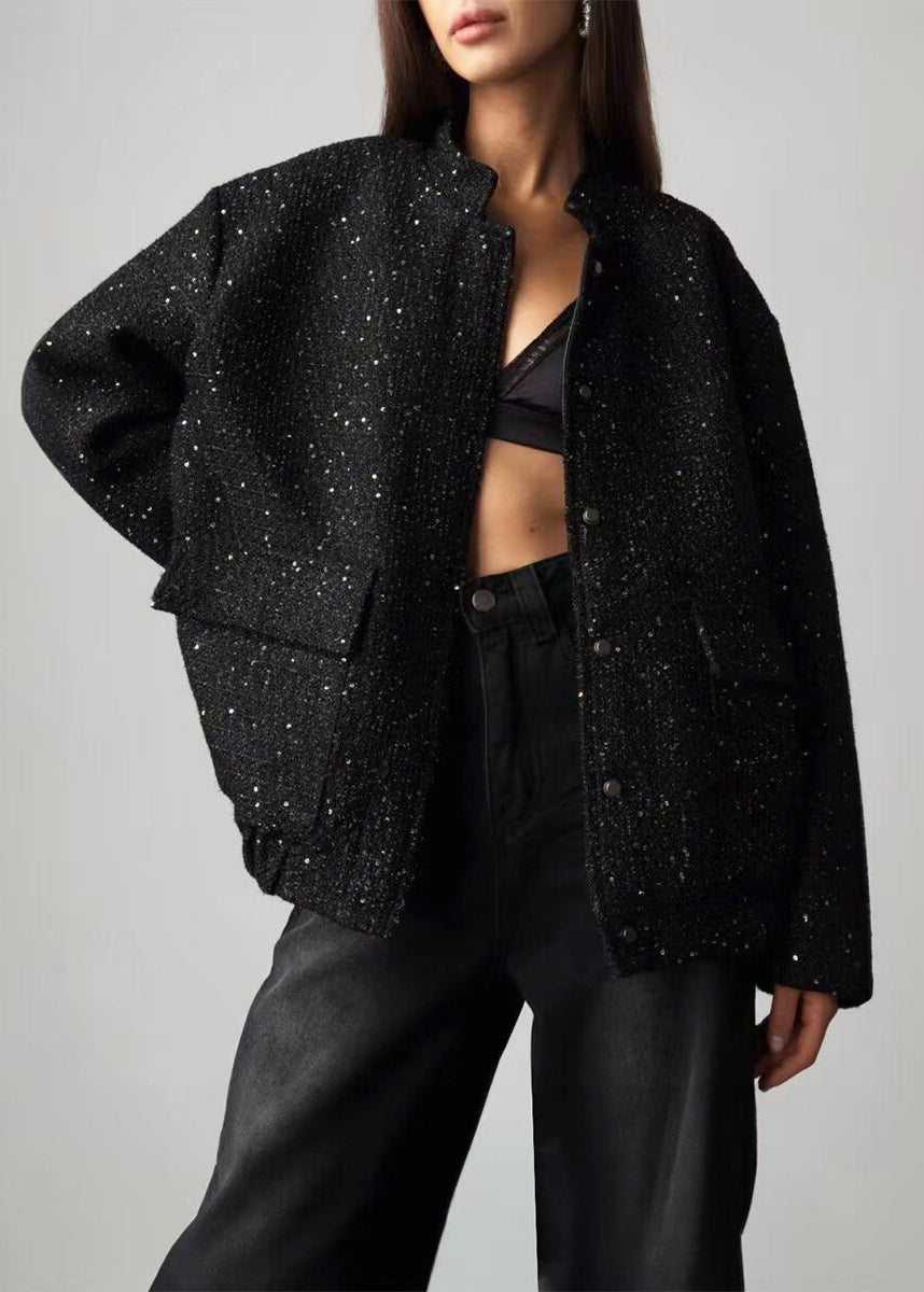 Casual Black Oversized Stand Collar Sequins Pockets Jackets Fall