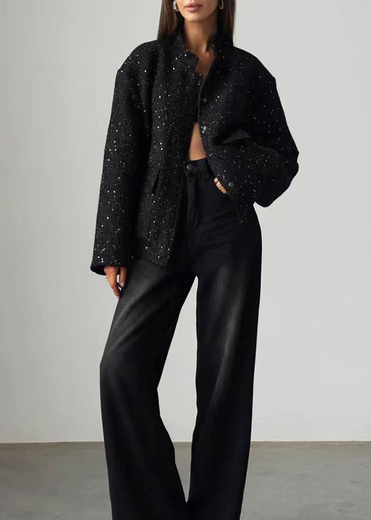 Casual Black Oversized Stand Collar Sequins Pockets Jackets Fall