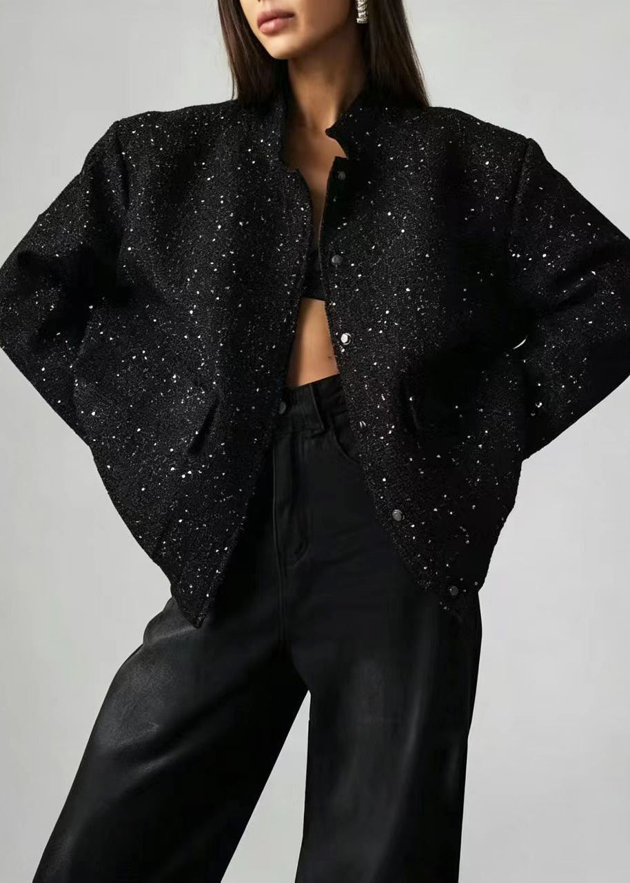 Casual Black Oversized Stand Collar Sequins Pockets Jackets Fall