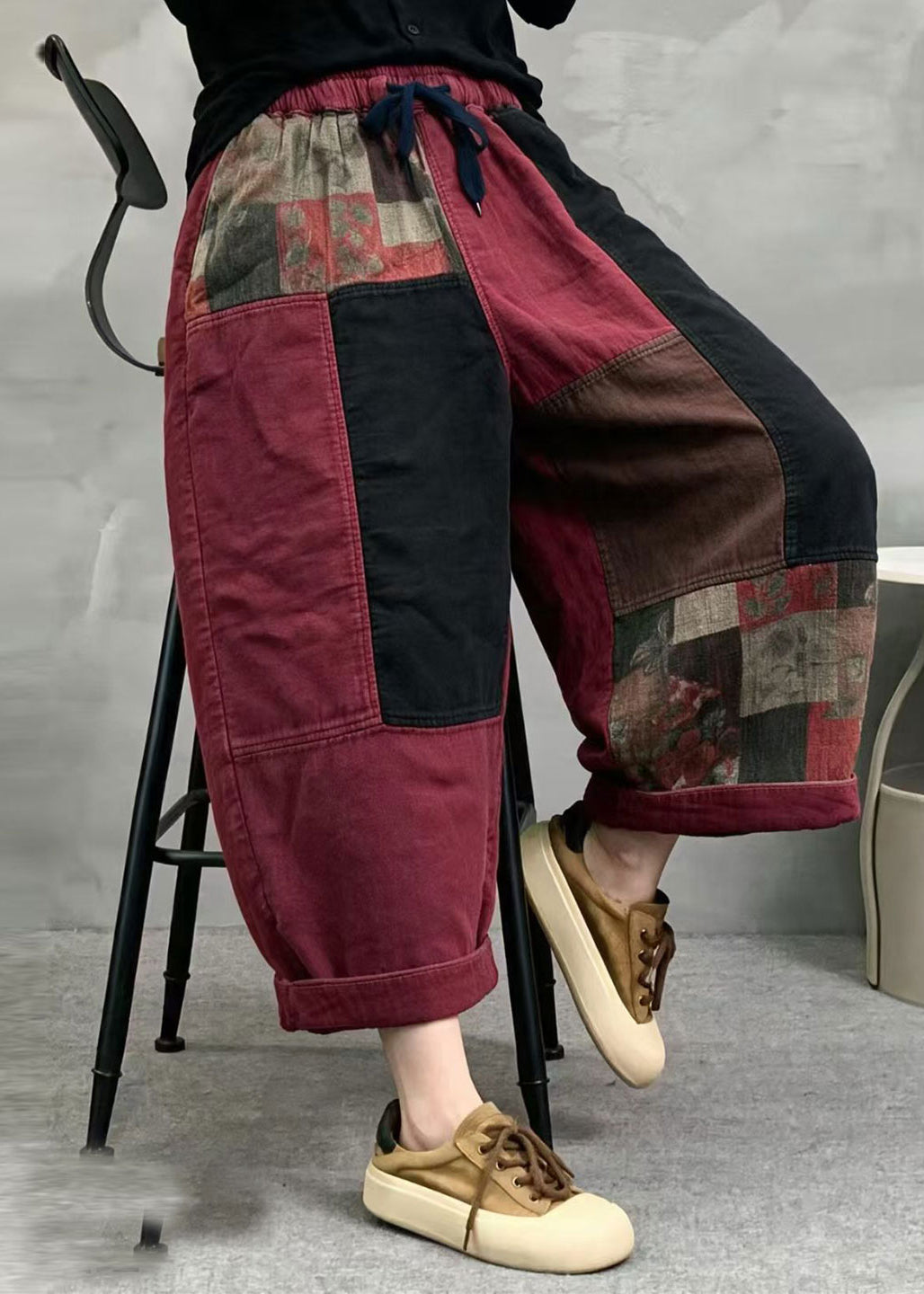 Casual Black Patchwork Drawstring Elastic Waist Cotton Crop Pants Fall