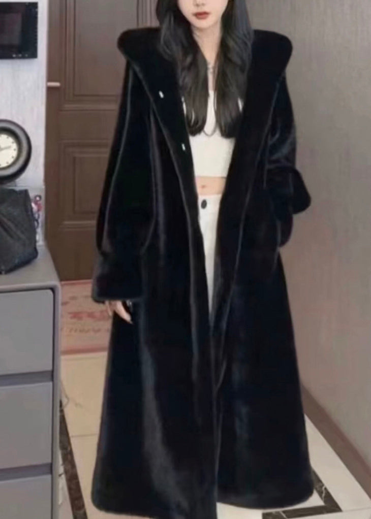 Casual Black Patchwork Mink Velvet Hooded Maxi Trench Coat Winter