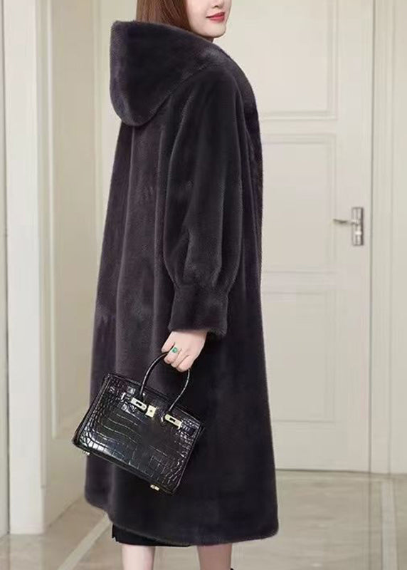 Casual Black Patchwork Mink Velvet Hooded Maxi Trench Coat Winter
