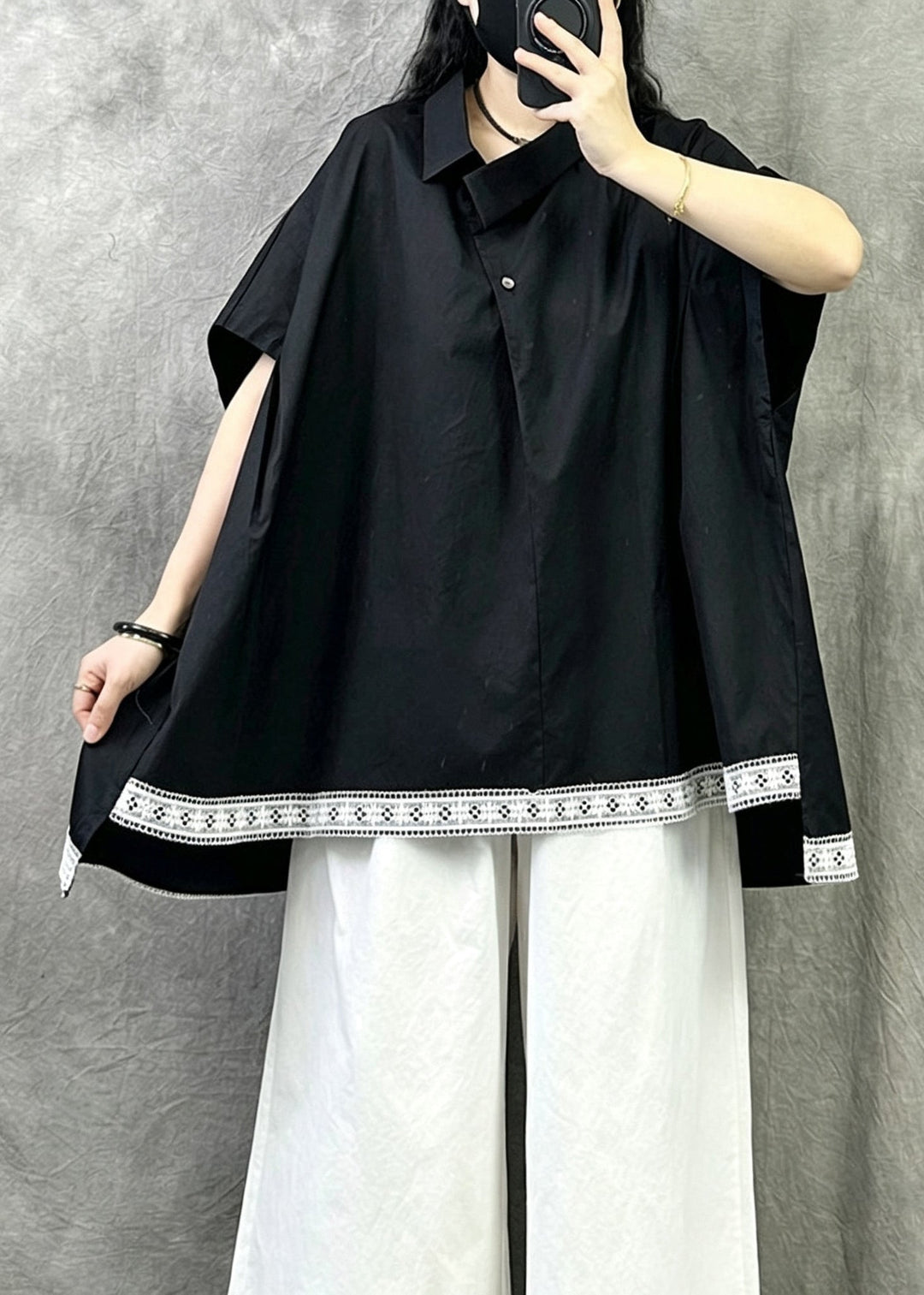 Casual Black Peter Pan Collar Asymmetrica Design Cotton Top Summer