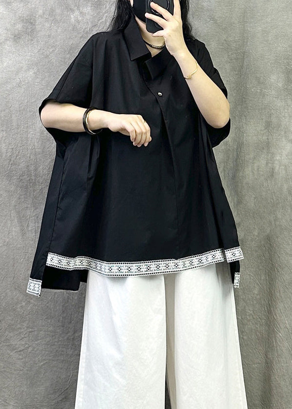 Casual Black Peter Pan Collar Asymmetrica Design Cotton Top Summer