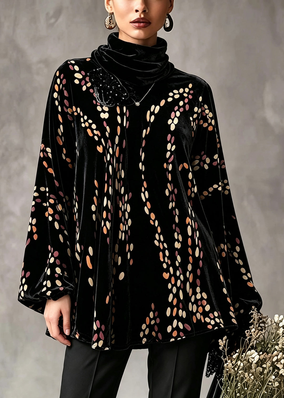 Casual Black Peter Pan Collar Dot Silk Velour Tops Fall