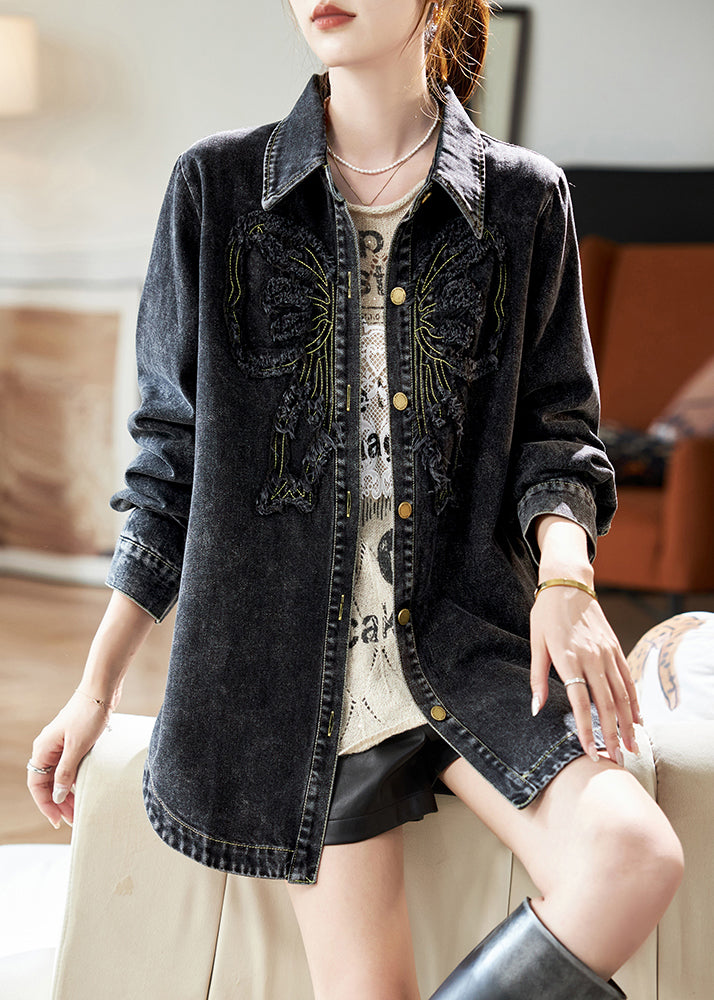 Casual Black Peter Pan Collar Patchwork Button Denim Coats Spring