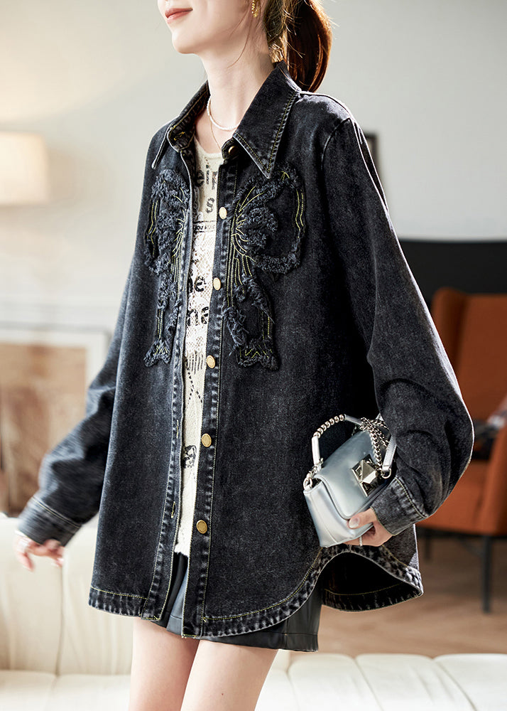 Casual Black Peter Pan Collar Patchwork Button Denim Coats Spring